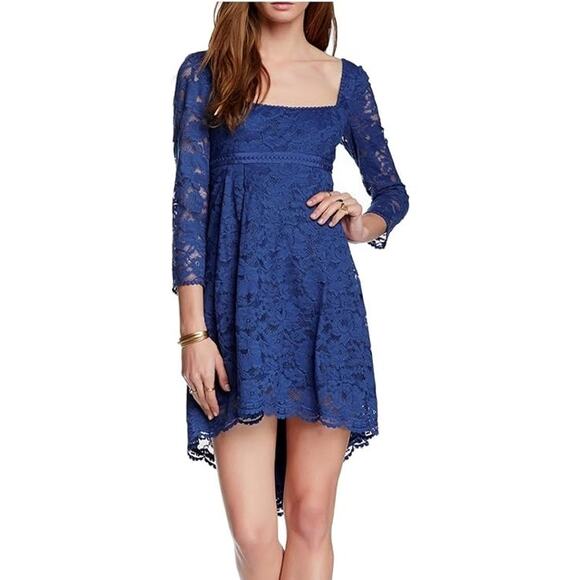 Free People Petit Trianon Royal Blue Lace Babydoll Empire Waist Mini Dress 0 - Picture 1 of 8